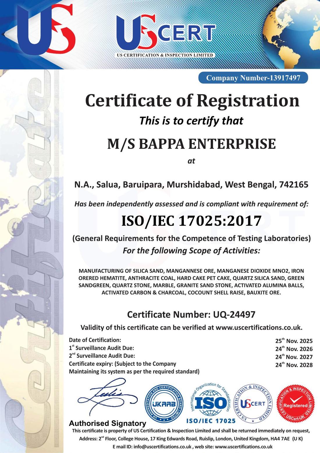 ISO/IEC 17025:2017 certificate