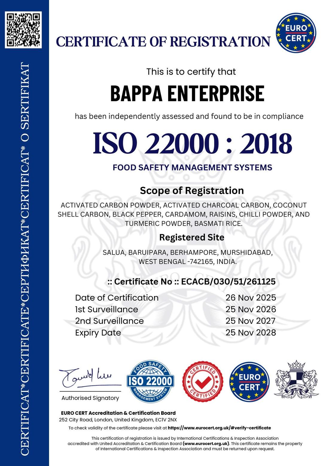 ISO 22000:2018 certificate